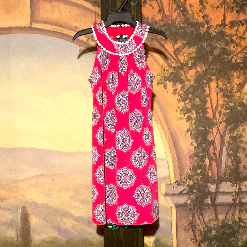 Medallion print girls rick rack trim dress